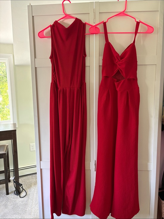Dresses & Skirts - Women's Red Sleeveless Jumpsuit - Elegant Wide-Leg Style